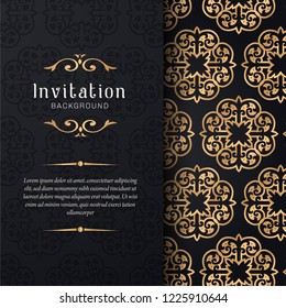 Greeting card invitation with lace and floral ornaments,  Gold ornamental pattern background illustration,