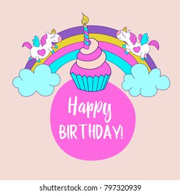 Greeting card, invitation, magic birthday. Little unicorns running on a rainbow to the cake with a candle.