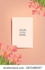 Greeting card, invitation mockup with blank white card surrounded by flowers on a soft pastel background. Elegant floral frame with copy space for branding, wedding invitation, stationery, or creative design presentation.