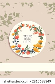 Greeting card, invitation mockup with blank white card surrounded by flowers on a soft pastel background. Elegant floral frame with copy space for branding, wedding invitation, stationery, or creative design presentation.