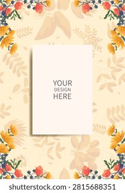 Greeting card, invitation mockup with blank white card surrounded by flowers on a soft pastel background. Elegant floral frame with copy space for branding, wedding invitation, stationery, or creative design presentation.