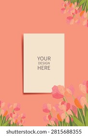 Greeting card, invitation mockup with blank white card surrounded by flowers on a soft pastel background. Elegant floral frame with copy space for branding, wedding invitation, stationery, or creative design presentation.