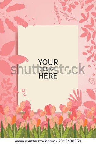 Greeting card, invitation mockup with blank white card surrounded by flowers on a soft pastel background. Elegant floral frame with copy space for branding, wedding invitation, stationery, or creative design presentation.