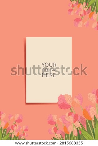 Greeting card, invitation mockup with blank white card surrounded by flowers on a soft pastel background. Elegant floral frame with copy space for branding, wedding invitation, stationery, or creative design presentation.