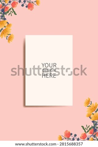 Greeting card, invitation mockup with blank white card surrounded by flowers on a soft pastel background. Elegant floral frame with copy space for branding, wedding invitation, stationery, or creative design presentation.