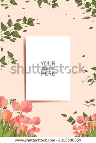 Greeting card, invitation mockup with blank white card surrounded by flowers on a soft pastel background. Elegant floral frame with copy space for branding, wedding invitation, stationery, or creative design presentation.