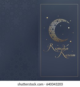 Greeting card, invitation for muslim community holy month Ramadan Kareem. Islamic arabic background. Gold traditional pattern. Vector illustration.