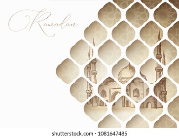 Greeting card, invitation for muslim holiday Ramadan Kareem. Hand drawn mosque. View through white cut paper oriental arab pattern. Vector illustration.