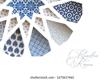 Greeting card, invitation for Muslim holiday Ramadan Kareem. Close-up of blue ornamental Morroccan tiles through white arab star shape pattern. Vector illustration bacground, web banner, modern design