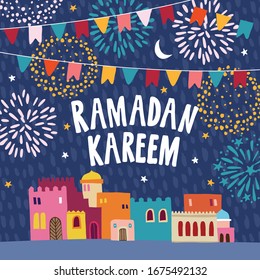 Greeting card, invitation for muslim holiday Ramadan Kareem. Garland of bunting flags, colorful houses, moon, stars and fireworks at night. Vector illustrations, flat design, textured backgound.