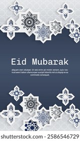 Greeting card, invitation for muslim holiday Eid Mubarak. Vector illustration bacground, modern web banner papercut design