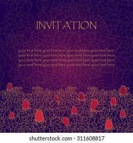 greeting card or invitation. rose and leaves lace ornament. wedding invitation card. vector border and place for your text. floral abstract decor. vector illustration. red gold and violet colors