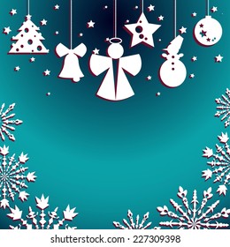 Greeting card or invitation with a set of cute paper shapes with shadow for Christmas decorations: angel, Christmas tree, ball, bell, star, snowflake