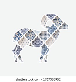 Greeting card, invitation with silhouette of ornamental sheep. Blue Moroccan, arab pattern tiles fill.  Eid al Adha holiday, muslim community festival of sacrifice. Vector illustration background.