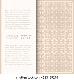 Greeting card or Invitation template. Abstract Line pattern background with place for the text. Geometric lace repeating pattern. Christmas decor, vector background