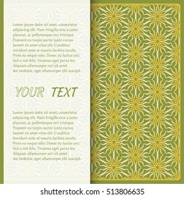 Greeting card or Invitation template. Abstract Line pattern background with place for the text. Geometric repeating pattern. Christmas decor, vector background with golden lace pattern