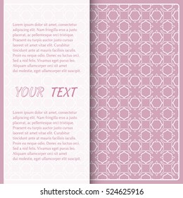 Greeting card or Invitation template. Abstract Line pattern background with place for the text. Geometric lace repeating pattern. Christmas decor, vector background