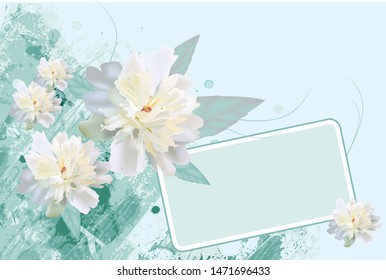 Greeting card / invitation template design. Flowers of white peonies, greenery, leaves with  graphics on a turquoise, blue background