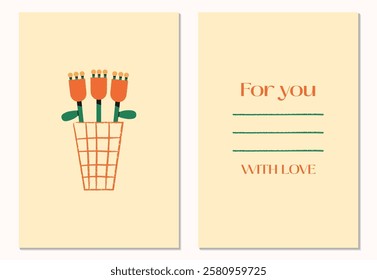 Greeting card or invitation template design.Hand drawn red tulips flowers bouqet.For You With Love.Perfect for romantic occasions,Valentines Day,birthdays,anniversaries or special event.Vector eps10