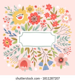 Greeting card or invitation template with flowers. Freehand drawing. Floral background