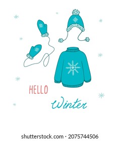 Greeting card and invitation template. Hello winter. Hand-drawn warm clothing and text. Can be used for scrapbook, banner, postcard, print, etc.