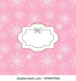 Greeting card, invitation template with lace motifs, in pink color, with a text area, in the style of shabby.