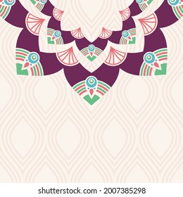Greeting card or invitation template with mandala vector color illustration. Ethnic mandala decorative background. Flat design. Islam, Arabic, Indian, ottoman motifs.