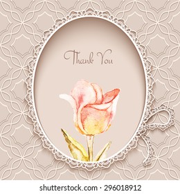 Greeting card or invitation template in retro style with hand painted watercolor tulip flower, vector illustration