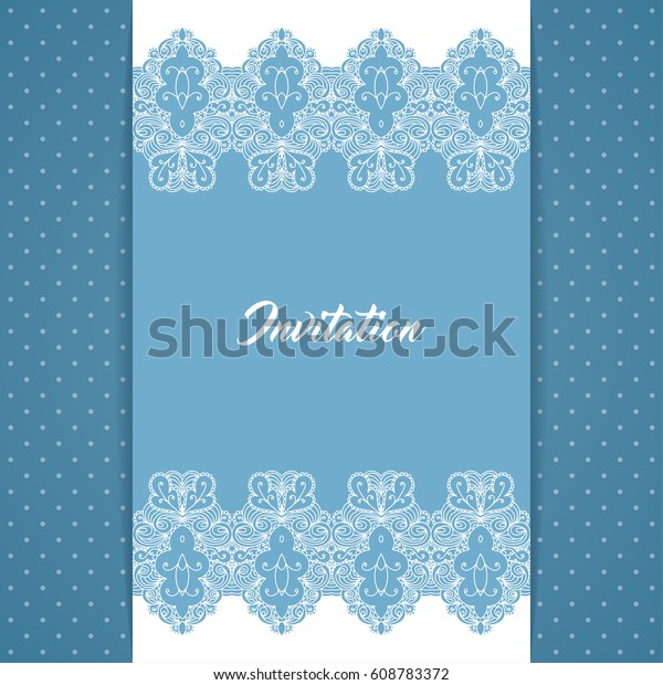 Greeting card\
or invitation template in retro style with lace border and polka\
dot background. Vector\
Illustration.
