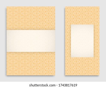 Grußkarte oder Einladungs-Vorlage gesetzt. Line Mustersammlung, Broschüre, Flyer im arabischen Stil. Geometrischer Hintergrund mit wiederholter Textur. Arabisch, indianisch