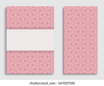 Greeting card or Invitation template set . Line pattern collection, brochure, flyer in arabian style. Geometric backgrounds with repeating texture. Ramadan Kareem vector cover.