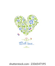Greeting card and invitation template for wedding or birthday anniversary, flower shop logo with vector floral heart shape with blue periwinkle flowers, ivy style with branch and leaves on white backg