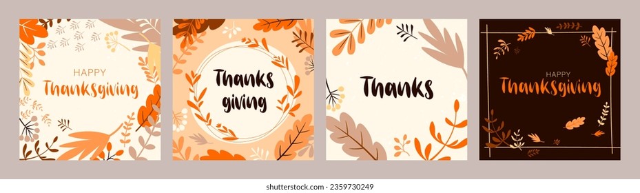 Greeting card and invitation for Thanksgiving Day. Set of autumn patterns. Vector design with fall leaves in warm colors. Hand drawn illustration.