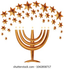 A greeting card and an invitation to a traditional Jewish wedding, in a richly decorated gold, Hupa from the Stars of David, The Golden Menorah, Vector drawing on white background isolated