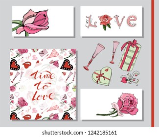 Greeting card or invitation with  Valentine's Day theme doodle elements, roses, lettering and other different objects. Hand drawn and colored  sketches on white background.