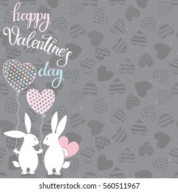 Greeting card or invitation for Valentine's Day. Vector illustration with cute bunnies and love hearts.