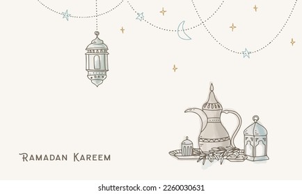 Greeting card, invitation.Muslim holiday Ramadan Kareem. Iftar dinner. Date fruit, arabic dallah coffee pot. Moroccan lantern. Hanging garland, stars, lights. Watercolor hand drawn vector illustration