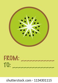 Greeting card with an isolated kiwi slice and a free space for names and addresses on the yellow-green background.