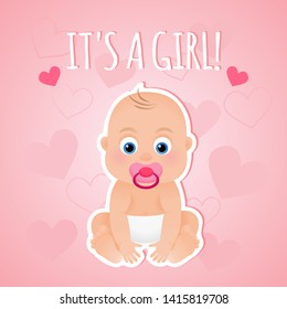 Greeting card it`s a girl with cute baby girl on a pink background, baby shower illustration