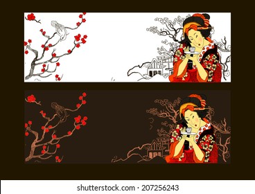 Greeting card in japanese style. The vector illustration of japanese woman in traditional clothes