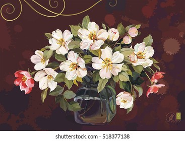 Greeting card with jasmine flowers and green leafs for creative work design