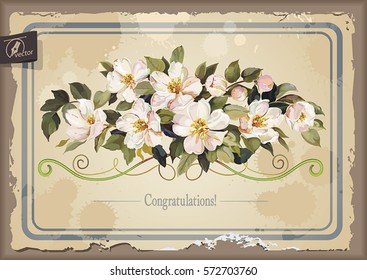 Greeting card with jasmine flowers and green leafs for vintage creative work design