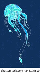 Greeting card with jellyfish. Frame of  ornament made in vector. Perfect cards, or for any other kind of design, birthday and other holiday. Seamless hand drawn map with jellyfish. 