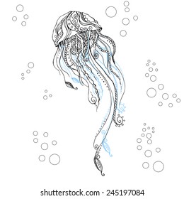 Greeting card with jellyfish. Frame of  ornament made in vector. Perfect cards, or for any other kind of design, birthday and other holiday. Seamless hand drawn map with jellyfish. 