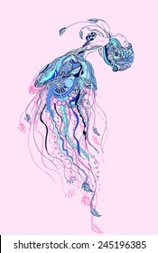 Greeting card with jellyfish Girl. Frame of ornament Girl made in vector. Perfect cards, or for any other kind of design, birthday and other holiday. Seamless hand drawn map with jellyfish. 