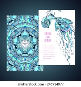 Greeting card with jellyfish Girl. Frame of ornament mandala made in vector. Perfect cards, or for any other kind of design, birthday and other holiday. Seamless hand drawn map with jellyfish. 