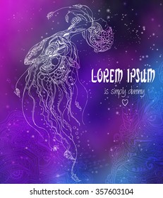 Greeting card with jellyfish Girl. Frame of ornament Girl made in vector. Seamless hand drawn map with jellyfish. 