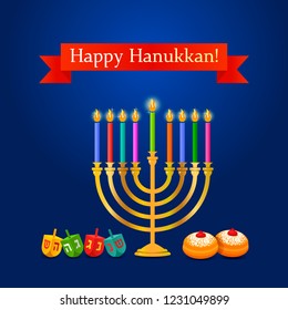 Greeting card for the Jewish holiday of Hanukkah. Candles shine on the menorah, a number of traditional donuts and driiles. vector illustration