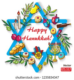 Greeting card Jewish holiday Hanukkah set traditional Chanukah symbols - dreidels, Hebrew letters, donuts, menorah, oil jar, star David, challah, gelt, hamsa, isolated on white background vector 