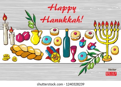 Greeting card Jewish holiday Hanukkah set traditional Chanukah symbols  dreidels, Hebrew letters, donuts, menorah candles, oil jar, star David,  isolated on white grey wood   background Vector